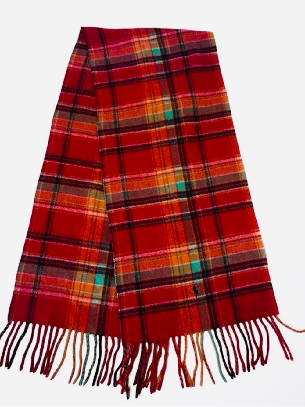 Polo Cashmere Wool Blend Red Plaid Fringe Scarf Mens/Women Unisex - Picture 2 of 4